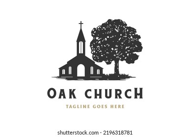 Rustic Retro Vintage Oak Banyan Maple Tree with Christian Church Chapel Logo Design Vector