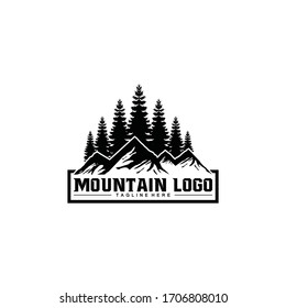 Rustic Retro Vintage pine and mountain, evergreen, fir, hemlock, spruce, conifer, cedar, coniferous, cypress, larch, pinus trees logo template