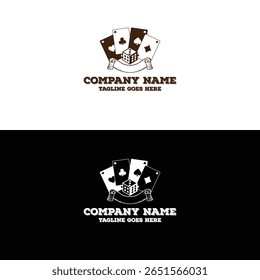 Rustic Retro Vintage Playing Card with Dice and Ribbon for Games Gambling Logo Design Vector