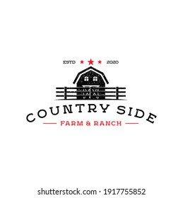 Rustic Retro Vintage Wooden Barn  Behind Fence Paddock For Countryside Western Country Farm Ranch Logo Design Illustration