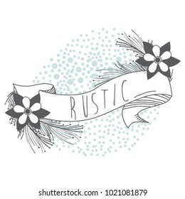 Rustic ribbon banner with flowers hand drawn