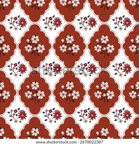 Rustic Romantic Meadow autumn fall Flowers and scallop rhombuses Vector Seamless Pattern. Cottagecore Garden Flowers print. Cottagecore Garden Flowers print. Farmhouse retro Background