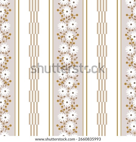 Rustic Romantic Meadow Flowers and Stripes Wallpaper Vector Seamless Pattern. Cottagecore Floral border print. Farmhouse retro Background