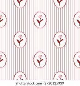 Rustic Romantic Meadow pink Flowers and red Stripes Vector Seamless Pattern. Cottagecore Garden Flowers print