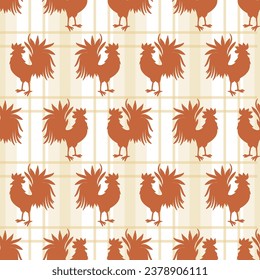 Rustic rooster chicken silhouette on checkered background seamless pattern design