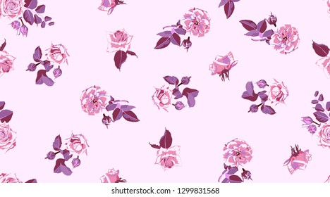 Rustic Rose, Seamless Floral Pattern in Watercolor Style. Hand Drawn Purple Roses with Petals for Wedding Decoration. Vintage Flowers Pattern, Elegant Wallpaper. Retro Rustic Roses or Peony Bouquet.