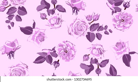 Rustic Rose, Seamless Floral Pattern in Watercolor Style. Hand Drawn Purple Roses with Petals for Wedding Decoration. Vintage Flowers Pattern, Elegant Wallpaper. Retro Rustic Roses or Peony Bouquet.
