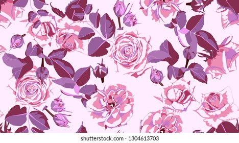 Rustic Rose, Seamless Floral Pattern in Watercolor Style. Hand Drawn Purple Roses with Petals for Wedding Decoration. Vintage Flowers Pattern, Elegant Wallpaper. Retro Rustic Roses or Peony Bouquet.