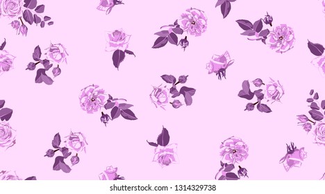 Rustic Rose, Seamless Floral Pattern in Watercolor Style. Hand Drawn Purple Roses with Petals for Wedding Decoration. Vintage Flowers Pattern, Elegant Wallpaper. Retro Rustic Roses or Peony Bouquet.