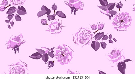 Rustic Rose, Seamless Floral Pattern in Watercolor Style. Hand Drawn Purple Roses with Petals for Wedding Decoration. Vintage Flowers Pattern, Elegant Wallpaper. Retro Rustic Roses or Peony Bouquet.