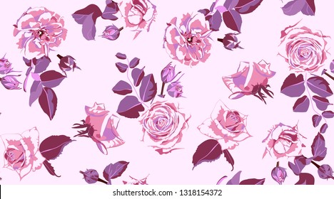 Rustic Rose, Seamless Floral Pattern in Watercolor Style. Hand Drawn Purple Roses with Petals for Wedding Decoration. Vintage Flowers Pattern, Elegant Wallpaper. Retro Rustic Roses or Peony Bouquet.