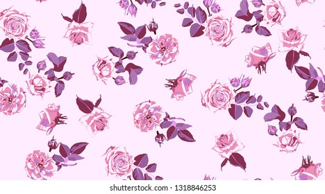 Rustic Rose, Seamless Floral Pattern in Watercolor Style. Hand Drawn Purple Roses with Petals for Wedding Decoration. Vintage Flowers Pattern, Elegant Wallpaper. Retro Rustic Roses or Peony Bouquet.