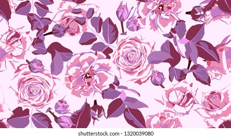 Rustic Rose, Seamless Floral Pattern in Watercolor Style. Hand Drawn Purple Roses with Petals for Wedding Decoration. Vintage Flowers Pattern, Elegant Wallpaper. Retro Rustic Roses or Peony Bouquet.