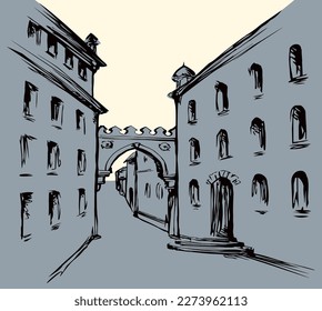 Rustic rural Arabian Spain age wall door place scenic view white sky text space. Outline black ink pen hand drawn Veneto river water road way scene doodle cartoon line engraved France art style symbol