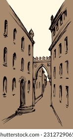 Rustic rural Arabian Spain age wall door place scenic view white sky text space. Outline black ink pen hand drawn Veneto river water road way scene doodle cartoon line engraved France art style symbol