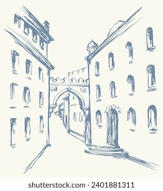 Rustic rural Arabian Spain age wall door place scenic view white sky text space. Outline black ink pen hand drawn Veneto river water road way scene doodle cartoon line engraved France art style symbol