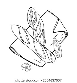 Rustic rye loaf on napkin black white vector illustration isolated. Hand drawn baguette and piece of bread, flax flower in contour line art. Artisan wheat bread for design culinary, bakery packaging.