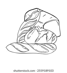 Rustic rye round bread and loaf black white vector illustration isolated. Hand drawn sandwich bread and baguette graphic sketch. Assorted crusty artisan bread in line art for bakeshop, packaging.