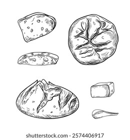 Rustic rye round bread top view black white vector illustration isolated. Sourdough rye bread piece and butter curl hand drawn by ink monochrome sketch. Pumpernickel bread side view for bakery.