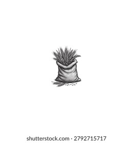 Rustic sack full of wheat grains hand drawn illustration with agriculture engraving illustration isolated background cultivation ingredient