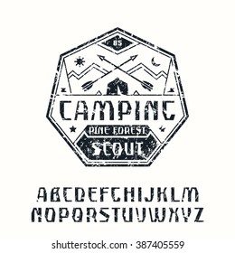 Rustic sanserif font and camping emblem. Graphic design for t-shirt. Black print on white background