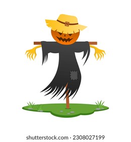 Rustic scarecrow with a pumpkin head and a black hoodie