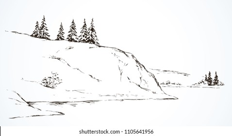 Rustic scene with high cliff on riverbank with space for text on white sky backdrop. Alpine waterside. Outline freehand black ink hand drawn picture sketchy in art vintage scribble style pen on paper