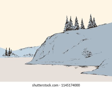 Rustic scene with high cliff on riverbank with space for text on white sky backdrop. Alpine waterside. Outline freehand black ink hand drawn picture sketchy in art vintage scribble style pen on paper