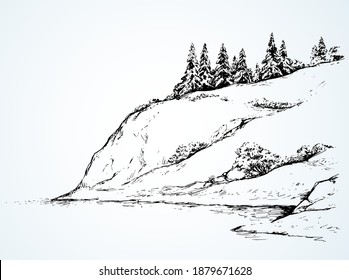 Rustic scene with high cliff on riverbank with space for text on white sky backdrop. Alpine waterside. Outline freehand black ink hand drawn picture sketchy in art vintage scribble style pen on paper