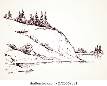Rustic scene with high cliff on riverbank with space for text on white sky backdrop. Alpine waterside. Outline freehand black ink hand drawn picture sketchy in art vintage scribble style pen on paper