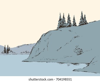 Rustic scene with high cliff on riverbank with space for text on white sky backdrop. Alpine waterside. Outline freehand black ink hand drawn picture sketchy in art vintage scribble style pen on paper