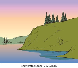 Rustic scene with high green cliff on riverbank with space for text on light yellow evening sky backdrop. Alpine waterside. Dark black ink hand drawn picture sketchy in art vintage scribble style