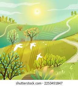 Paisaje rústico en la mañana de verano, campos agrícolas y prados en el campo. La luz del sol en verano en el campo, pájaros y árboles. Ilustración vectorial artística dibujada a mano.