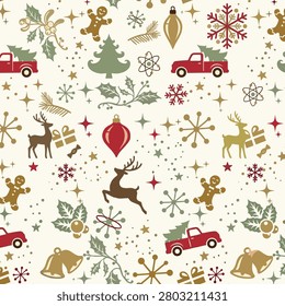 Rustic Seamless Christmas Pattern with Reindeer, Gingerbread, Vintage Truck and Holiday Ornaments
