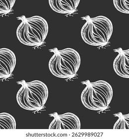 Rustic seamless pattern with hand drawn sliced onion halves in vintage etching style. White chalk lines on black background evoke a farm-to-table feel. Perfect for culinary packaging, kitchen decor.