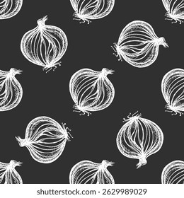 Rustic seamless pattern with hand drawn sliced onion halves in vintage etching style. White chalk lines on black background evoke a farm-to-table feel. Perfect for culinary packaging, kitchen decor.