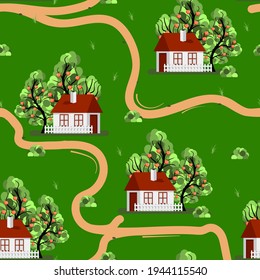 rustic seamless pattern. rustic houses with fences, fruit trees on a green background among dirt paths, bushes, grass. vector