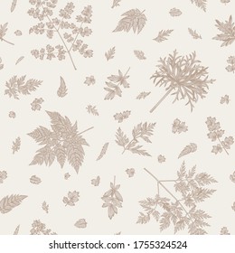 Rustic seamless pattern with leaves and herbs. Vector botanical illustration. Beige background.
