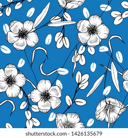Rustic seamless pattern on light blue  background. Stylized art. Vector floral template