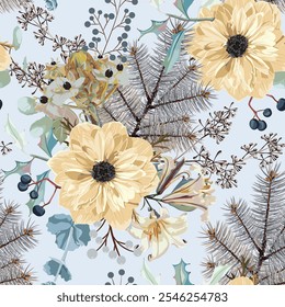 Rustic seamless pattern with trees, anemones, berry and other flowers. Christmas print.