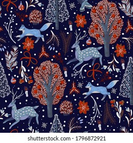 Rustic seamless pattern with trees, deer, fox and other. Christmas print. 