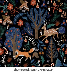 Rustic seamless pattern with trees, deer, fox and other. Christmas print. 