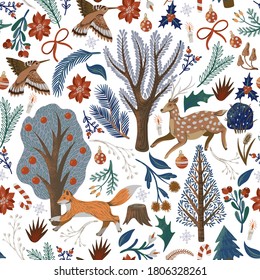 Rustic seamless pattern with trees, deer, fox and other. Christmas print. 