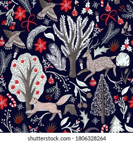 Rustic seamless pattern with trees, deer, fox and other. Christmas print. 