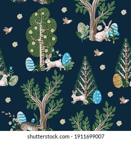 Rustic seamless pattern with trees, rabbits, eggs and other. Easter print