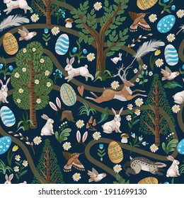 Rustic seamless pattern with trees, rabbits, eggs and other. Easter print