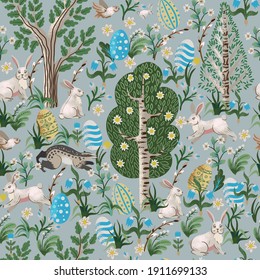 Rustic seamless pattern with trees, rabbits, eggs and other. Easter print