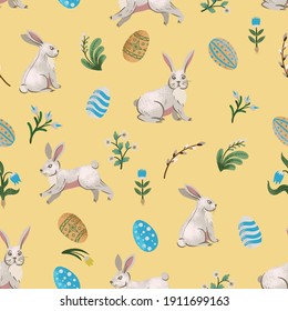 Rustic seamless pattern with trees, rabbits, eggs and other. Easter print