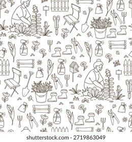 Patrón rústico sin fisuras con las mujeres jardinera y decoración del jardín. Perfil dibujado a mano personaje femenino con casa de pájaros, valla y herramientas sobre fondo blanco. Ilustración vectorial. No es IA 