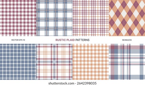 Rustic seamless vector patterns collection with classic plaid gingham tartan argyle textures in warm autumn colors for textile fashion print wrapping paper fabric design craft scrapbook backgrounds
